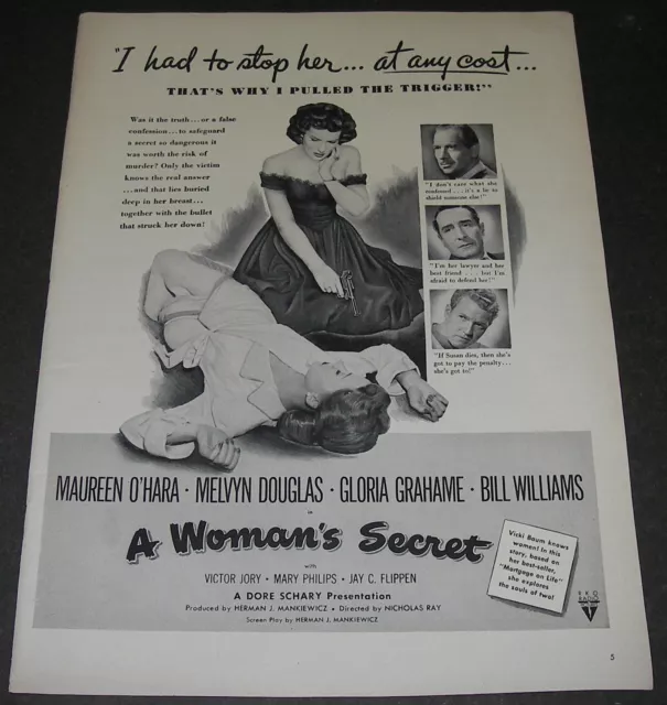 Print Ad 1949 Woman's Secret Maureen O'Hara Melvyn Douglas MOVIE Release Promo.