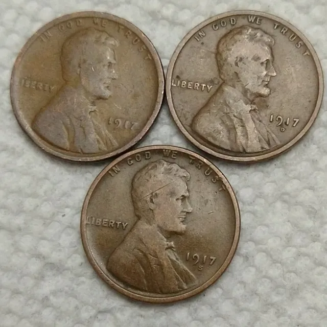 1917-P 1917-D 1917-S Lincoln Wheat Cent Penny Set, 3 Coins Lot