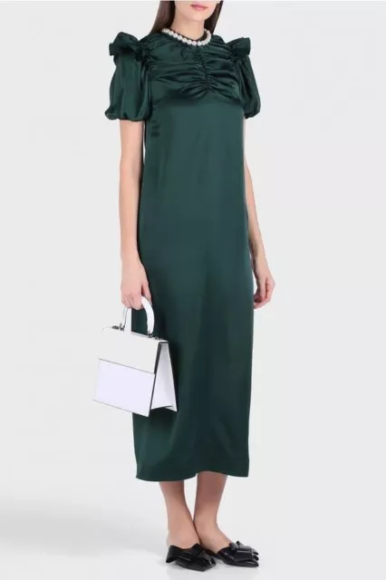 MOTHER OF PEARL Tilda Dress satin puff sleeve ruffle midi dark green 4 NWT