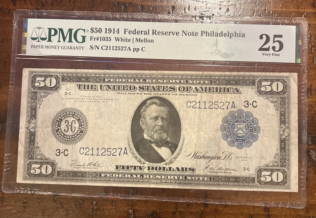 1914 $50 Federal Reserve Note Philadelphia PMG 25 FR#1035 No Comments VF 1914 $50 Federal Reserve Note Philadelphia PMG 25 FR#1035 No Comments VF