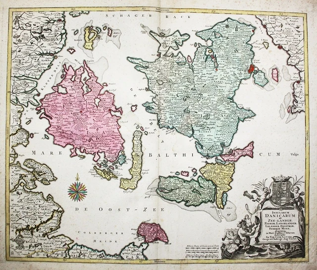 Danimarca Dyn Sjaelland Lolland Mappa Lotter Incisione 1770
