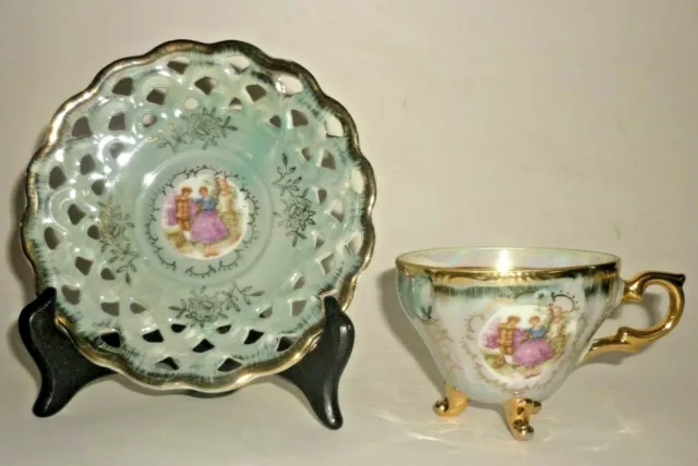 Japanese Royal Crown Porcelain Teacup & Saucer Iridescent 3 Legs, Gold Trim #906