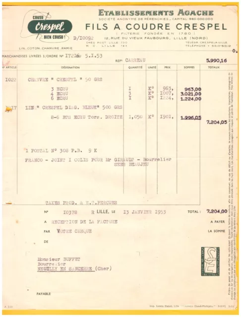 LILLE (59) USINE FILATURE / FIL à COUDRE Crespel "Ets AGACHE" en 1953