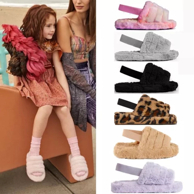 KIDS FLUFFY FUR Sliders Slippers Slides Comfy Winter Gift Present