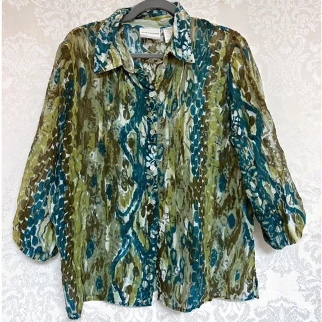 Alfred Dunner Women’s Button Up Blouse Petite Size 16P GUC Semi Sheer Green