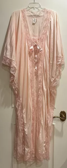 Vintage Marpem 1960s Pink Long Nightgown & Robe Peignoir Silky Nylon & Lace Sz S