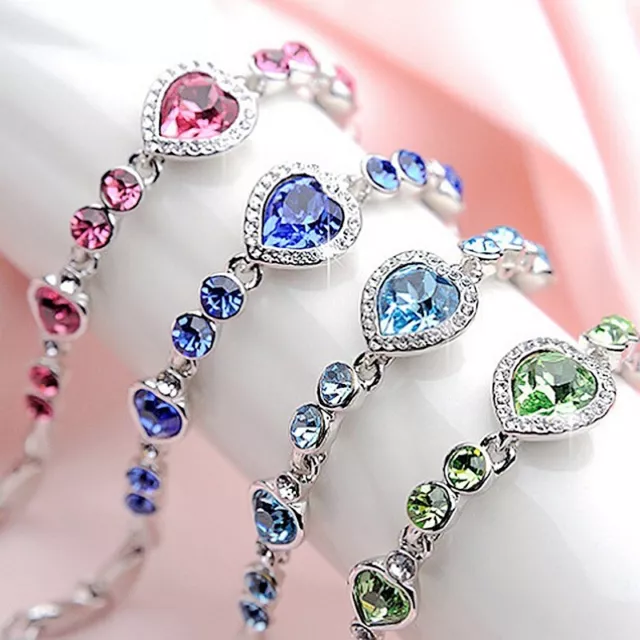 925 Silver Women Heart Crystal Zircon Chain Bracelet Bangle Cuff Wedding Jewelry