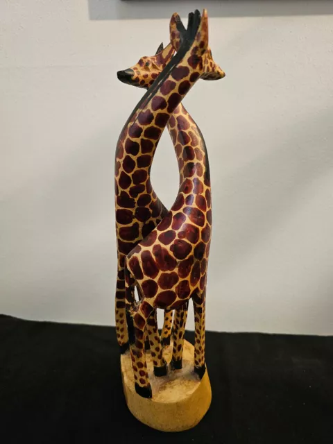 Handcarved Wooden Giraffe Statue Figurine 12" Entwined Pair African Wood Art