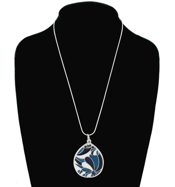 Blue Floral Flower Enamel Teardrop Pendant 2 1/4" Snake Chain Necklace 18-21.5"
