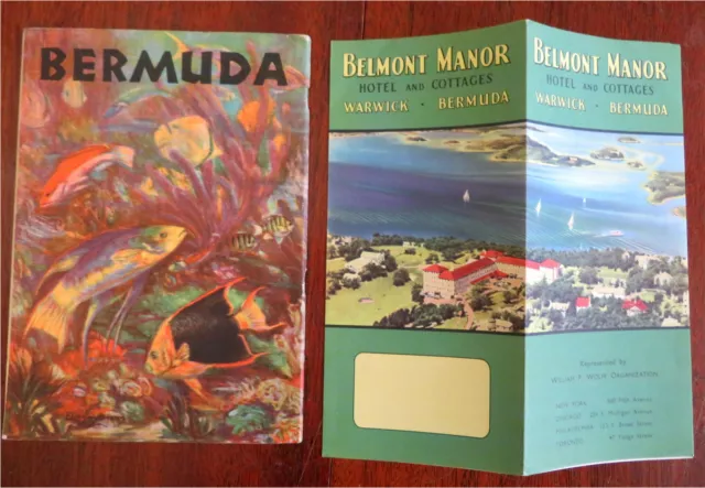 Bermuda Tourism promos 1929-50's lot x 2 brochures w/ lg. cartoon pictorial map 3