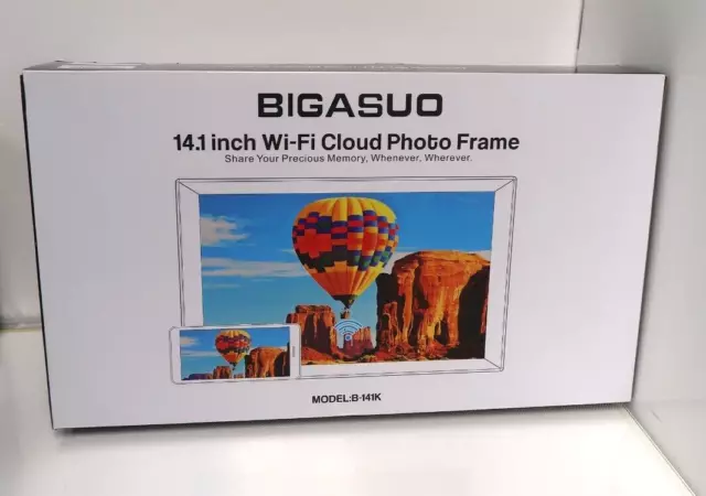 BIGASUO 14.1" B-141K WiFi Cloud Photo Frame Digital, New