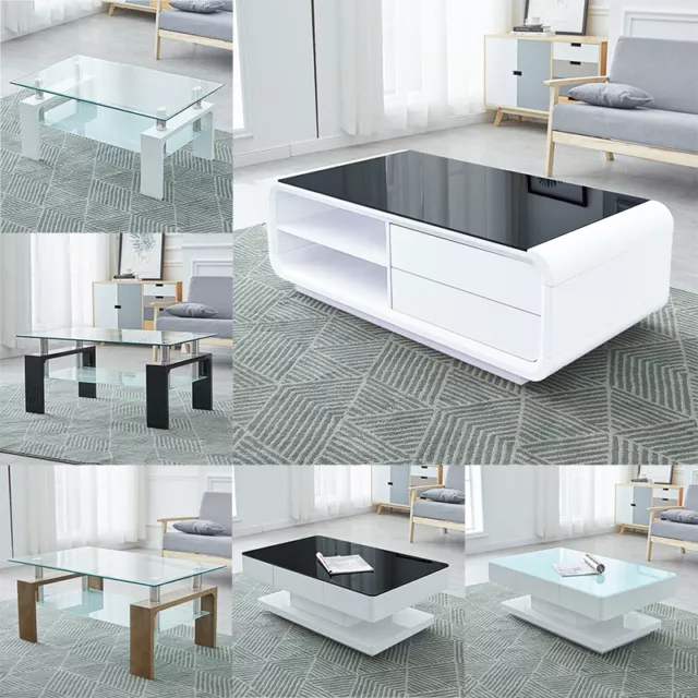 Coffee Table High Gloss Tempered Glass with Drawer Shelf Black White Living Room