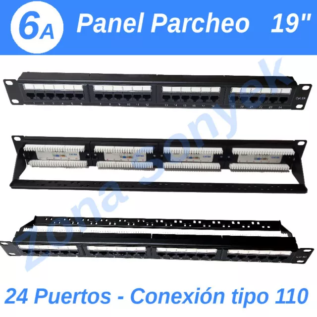 Panel parcheo 24 puertos categoría 6a, 10 Gigabit, 19". Con barra trasera