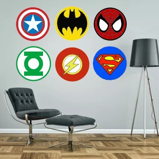 Superheroes logos Superman Spiderman Batman wall stickers kit decal boys bedroom