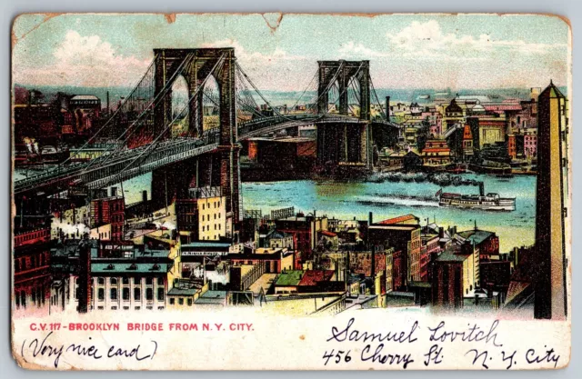 New York City, New York NY - Brooklyn Bridge - Vintage Postcard - Posted 1906