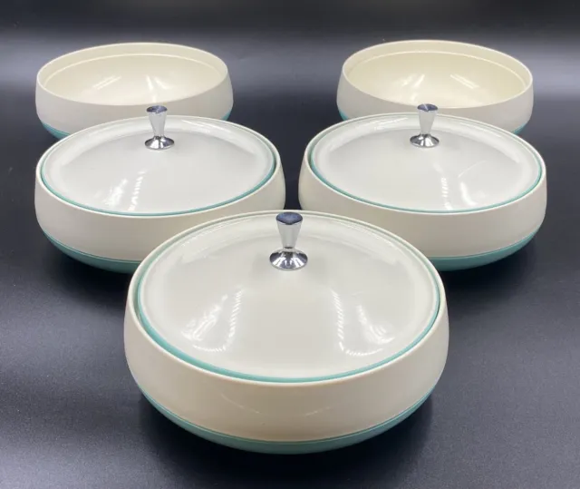 5 Retro Mid Century Vacron Bopp - Decker Turquoise White Serving Bowl & 3 Lids