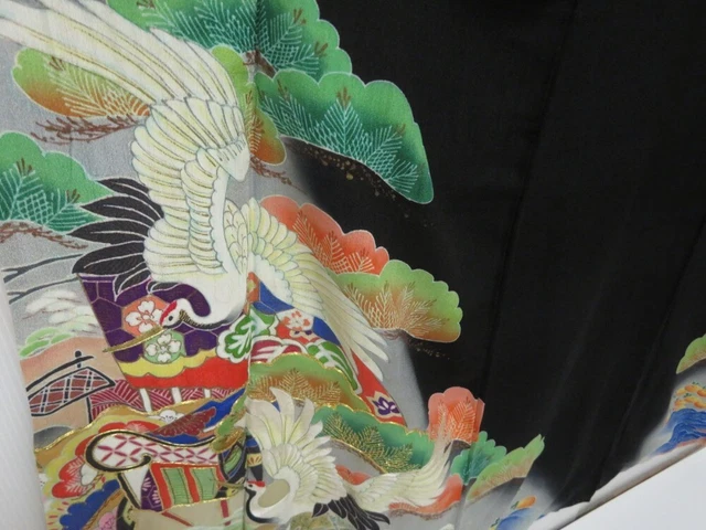 2213T03z720 Antique Japanese Kimono Silk TOMESODE Crane Black 3