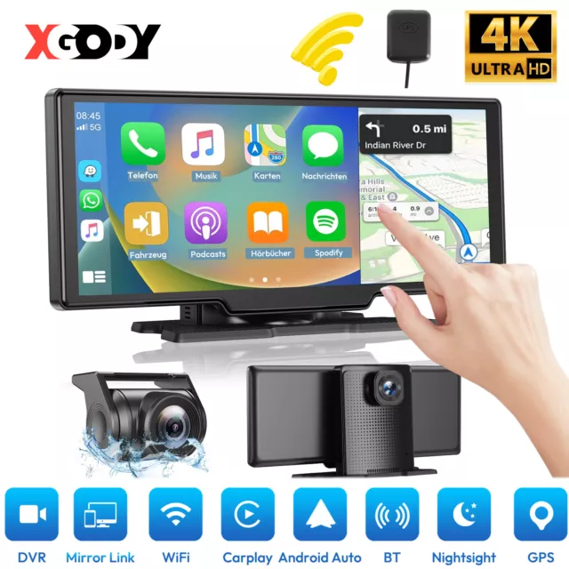 4K 10.26" Touch Dash Cam Wireless CarPlay GPS Android Auto Dual Car Recorder