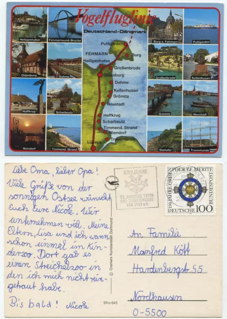 43475 - Vogelfluglinie Deutschland-Dänemark - Ansichtskarte, gelaufen 26.7.1992