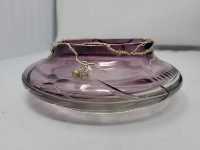 Antique MOSER Amethyst to Clear Glass Low Vase Bohemian Intaglio Engraved