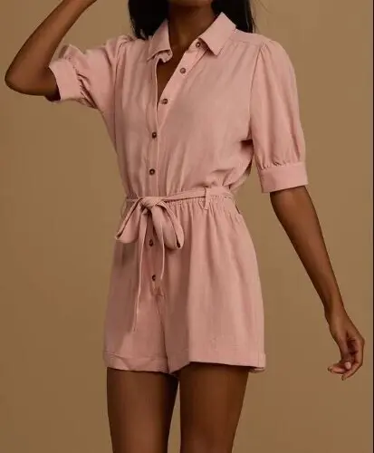 Lulus Women's Sz XL Blush Pink Adventure Ready Puff Sleeve Button-Up Romper