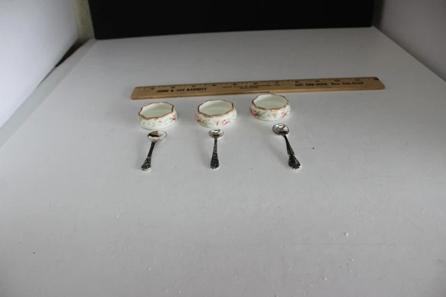 VINTAGE STERLING SILVER 3 OPEN SALT SPOONS w/ 3 LENOX BELLEEK OPEN SALT CELLARS