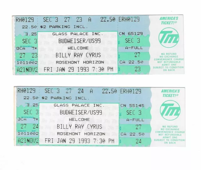Billy Ray Cyrus Unused Concert Tickets From January 29, 1993