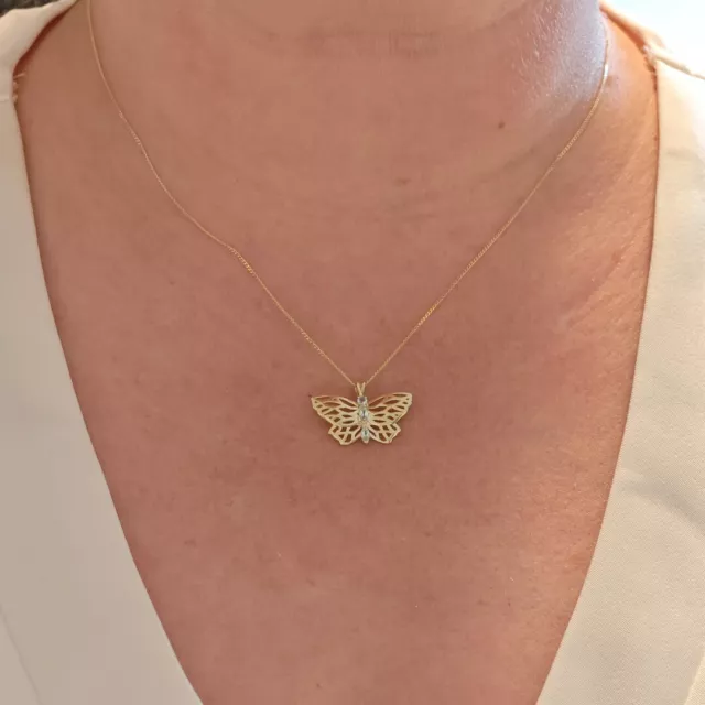 9ct Gold Aquamarine Necklace Butterfly Pendant Hallmarked UK Design Handmade 3