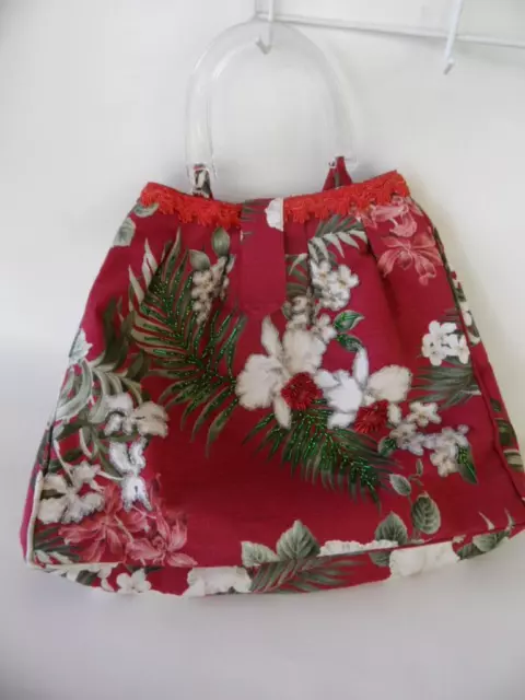 Hand Made Vintage Retro Style Red White Green Floral Fern Carry Bag Hand Beaded