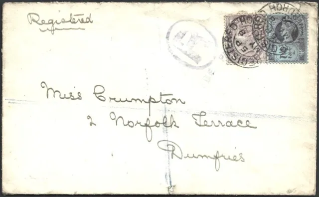 BL GB1894 internal registered cover with QV 1d & 2 1/2d and violet R / FEE PAID