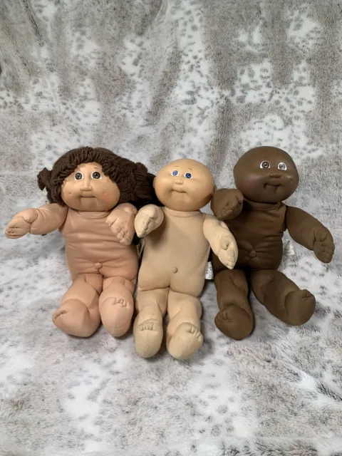 3 Vintage Cabbage Patch Kids Doll Brown Hair Bald Dark Skin Brown Blue Eye