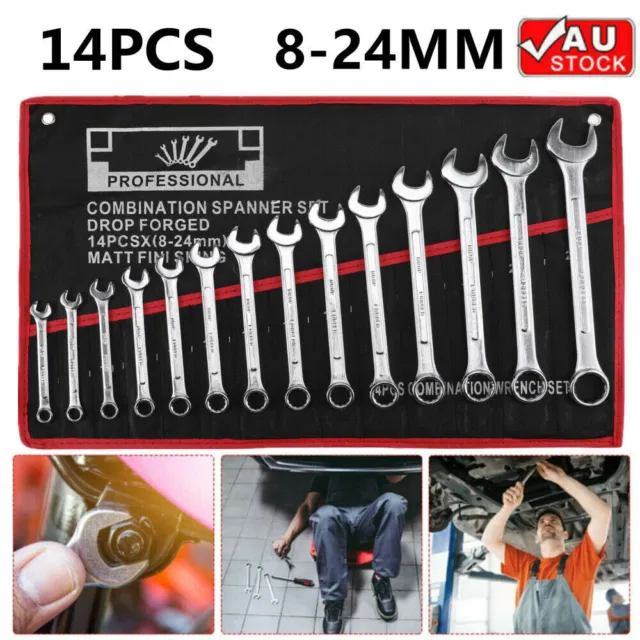 14PCS 8-24mm Spanner Set Metric Combination Open Box Wrench+Roll bag AU
