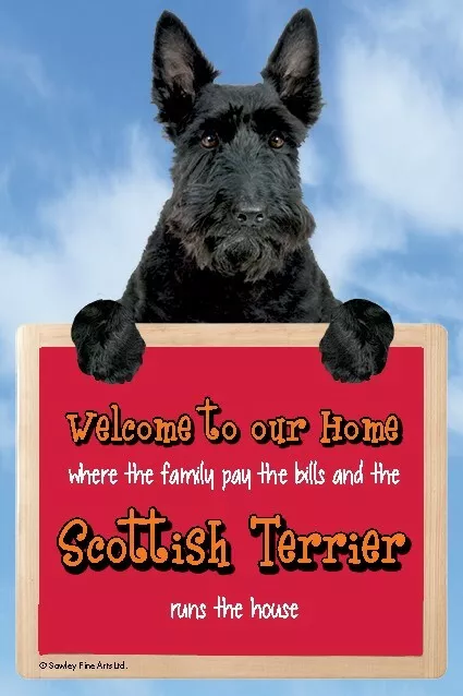 Scottish Terrier dog Welcome to our Home sign SCOTTIES run the house funny signs