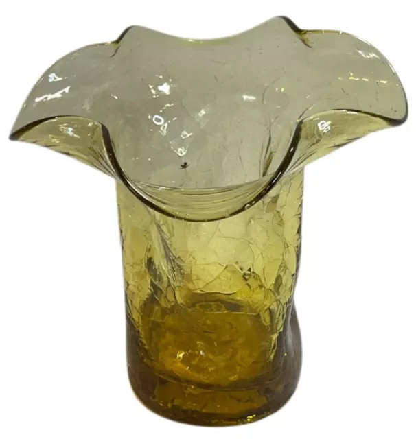 Vintage Art Glass Amber Green Crackled Ruffle Top Vase - Hand Blown