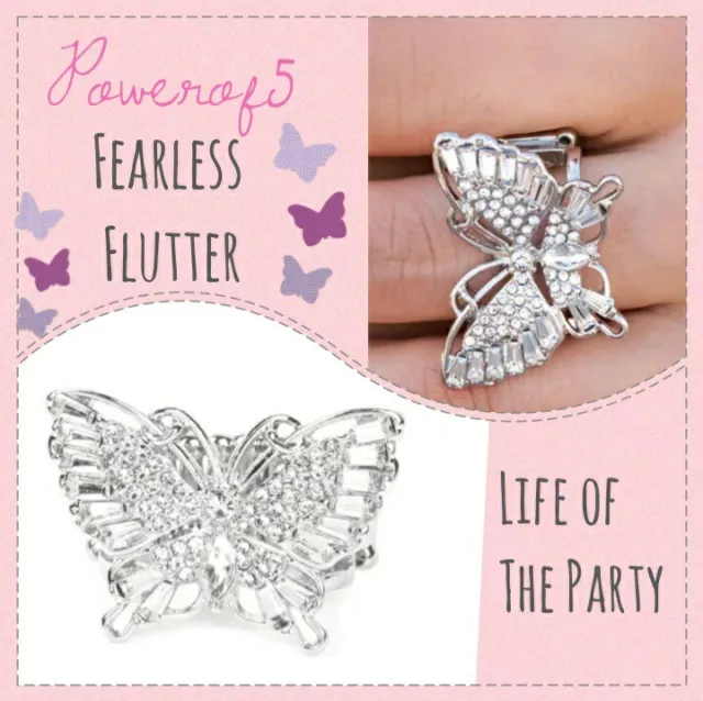 Paparazzi Jewelry 🦋 Ring 💎 Life of the Party Exclusive Fearless Flutter white