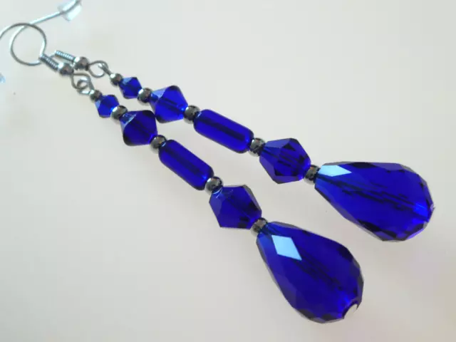 Vintage Art Deco Style Bristol Blue Teardrop Glass Long Drop Dangle Earrings