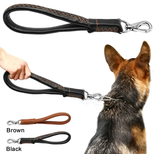 Genuine Leather Dog Short Leash Traffic Lead Walking Rope with Handle Heavy Duty