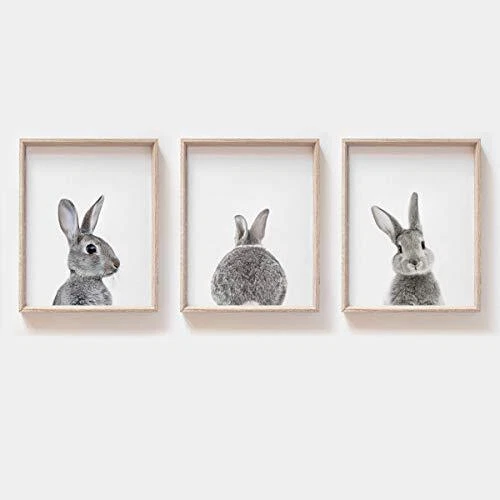 Easter Nursery Bunny Wall Art Set of 3 Gray Rabbit Prints Kids Room Cute