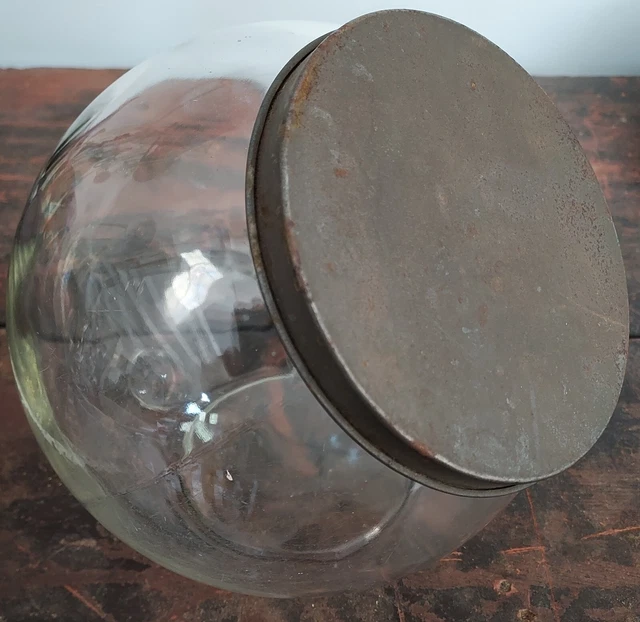 Antique Hoosier Cabinet Apothecary Candy Round Glass Cracker Cookie Jar Tin Lid