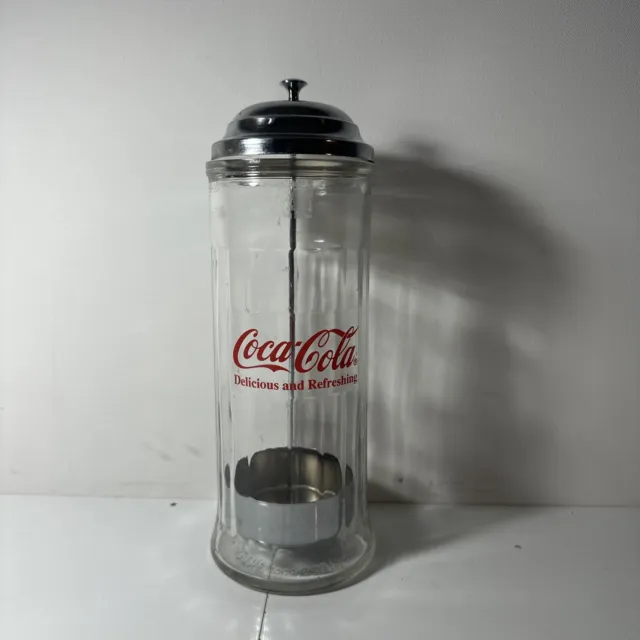 Vtg Coca-Cola Heavy Glass Straw Holder Dispenser Canister Chrome Lid 1992 COKE