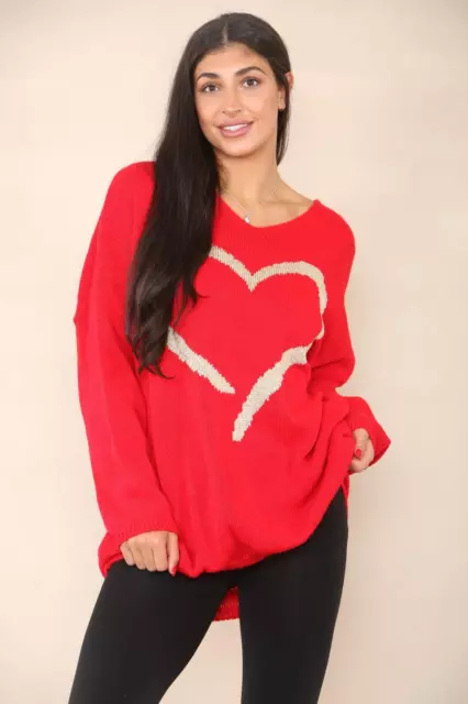 NEW Womens Soft Knit Long Sleeve Oversize GOLD HEART Ladies Jumper Top
