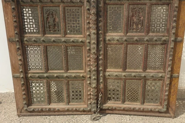 Antique Temple Door Wooden Brass Jali Handmade Indian Vintage Collection / Decor 11