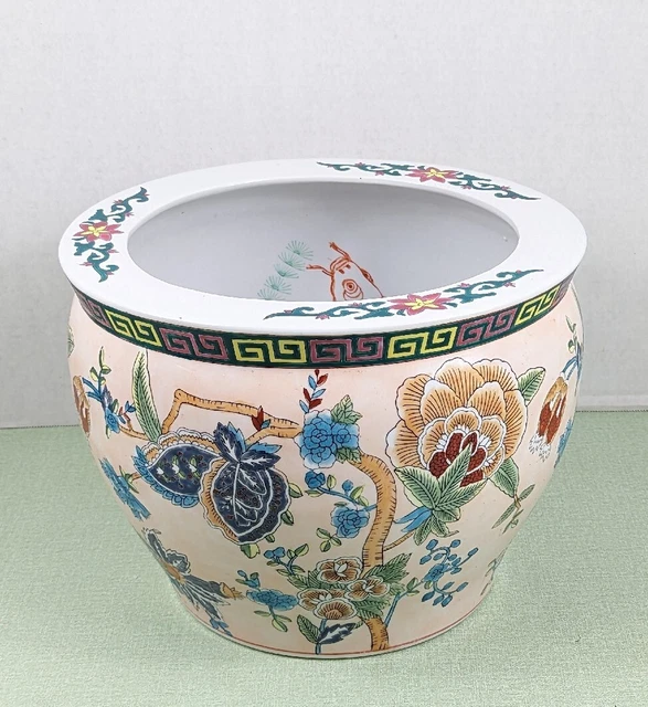 VINTAGE CHINESE FLORAL Koi Fish Bowl Planter Pot Jardiniere 9" Tall 12