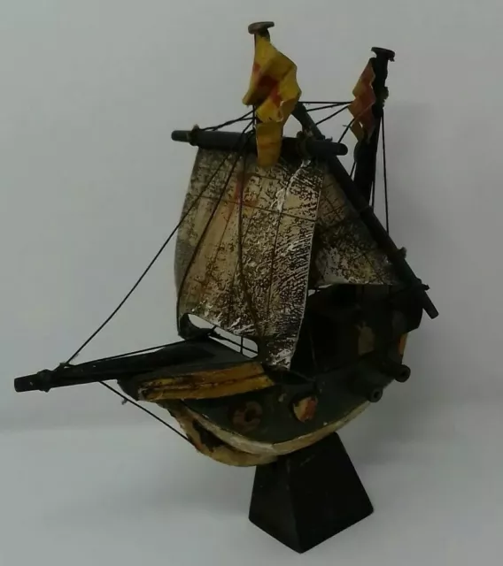 Vintage Hand Made Model Wood & String Galleon Sailing Ship Boat Display Ornament