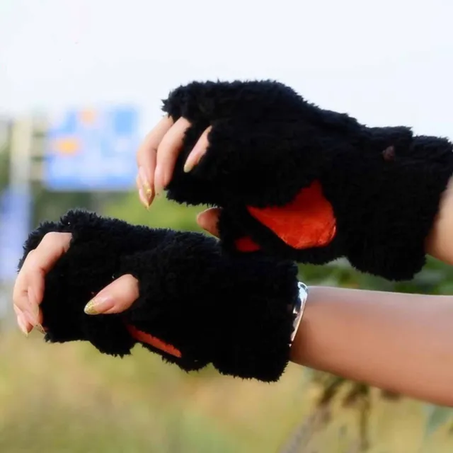 Plush Cat Paw Gloves Trendy Half Fingered Women's Claw Cozy Winter Mittens