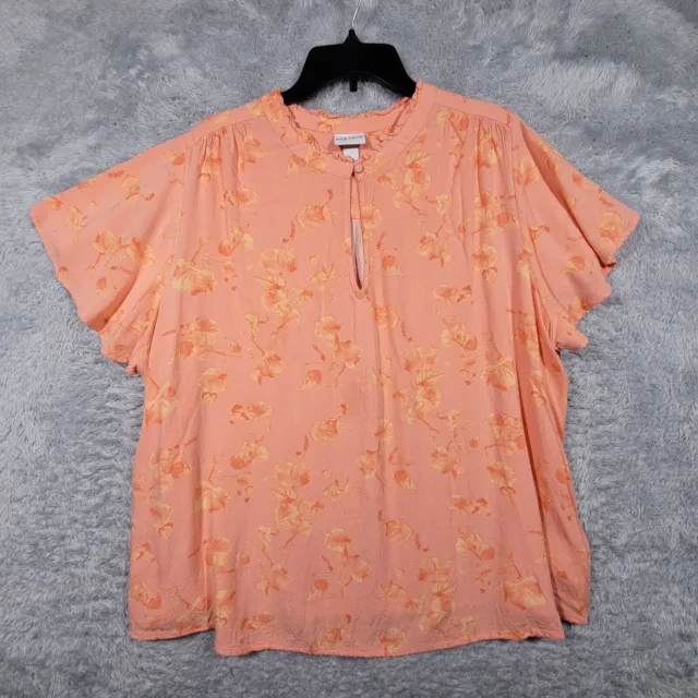 Ava Viv Shirt Womens 2X Plus Orange Floral Keyhole Neck Short Sleeve