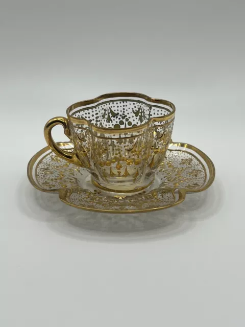 Bohemian Moser Type Enameled Gold Scrollwork Demitasse Cup & Saucer