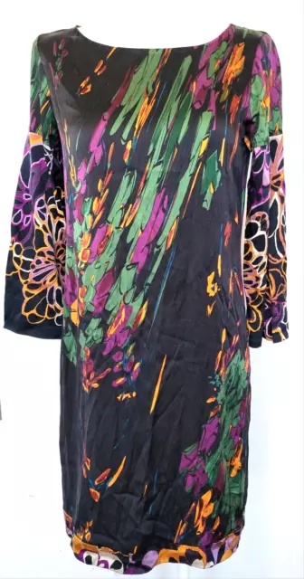 ELIE Tahari Silk Shift Dress Sz S Black  Green Purple Orange Abstract Print D51