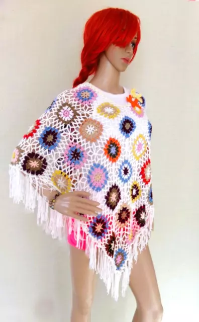 BNWT  White Poncho with colourful patchwork & fringe with  starfish & shells