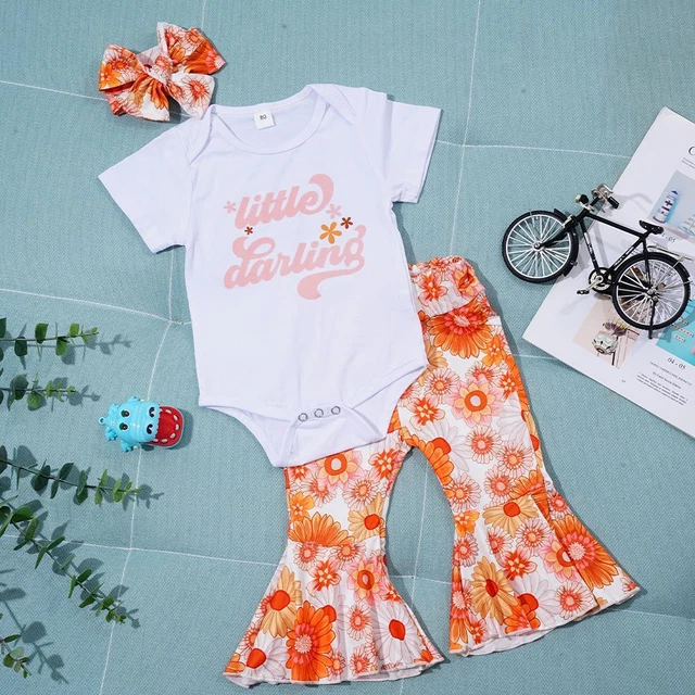 Toddler Baby Girl Clothes Birthday Outfit Floral Bell Bottoms Headba Z1G6
